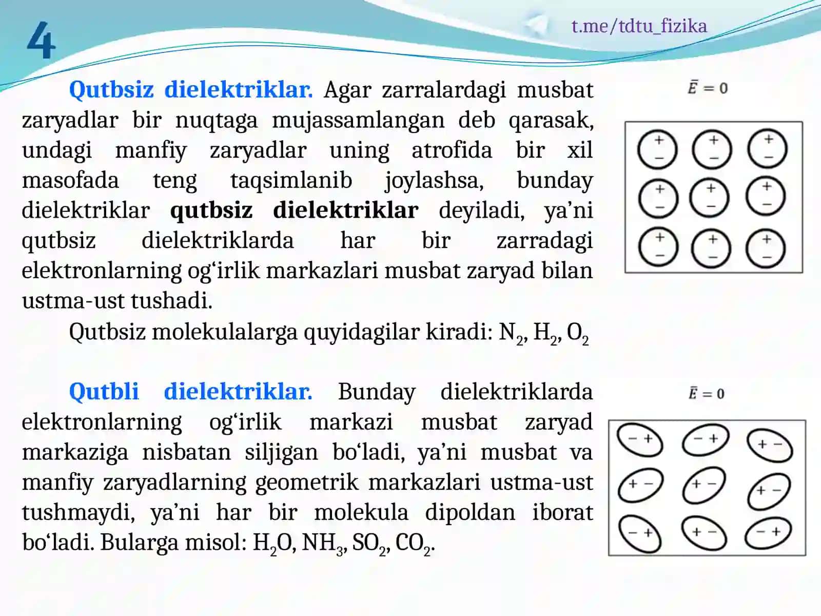 ELEKTROSTATIK MAYDONDA DIELEKTRIKLAR VA O’TKAZGICHLAR 4