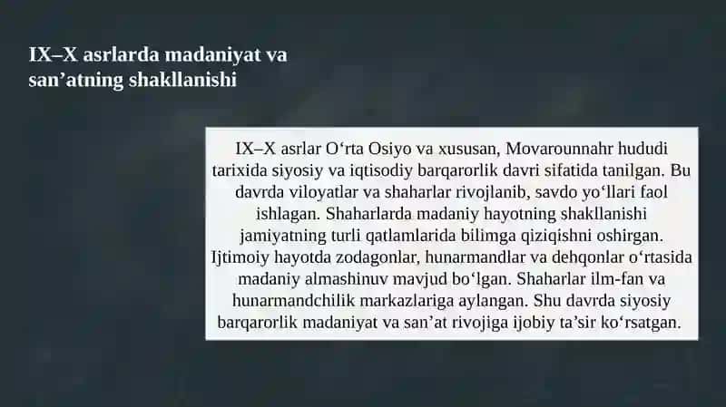IX–XII asrlarda madaniyat va san’at   9 - 12 ASRLARDA MADANIYAT VA SANAT 4
