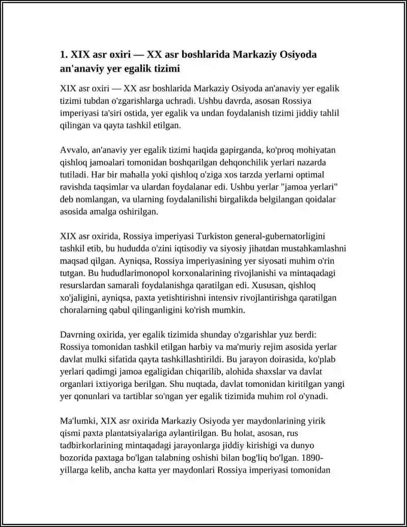 XIX ASR OXIRI - XX ASR BOSHLARIDA YER MUNOSABATLARINI ODAT HUQUQI NORMALARIGA ASOSLANIB MUVOFIQLASHTIRILISHI 4