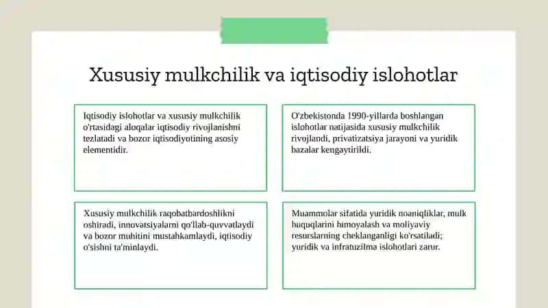 Xususiy mulkchilikning shakllanishi. Oʻzbekistonda bozor munosabatlarining shakllanishi 4