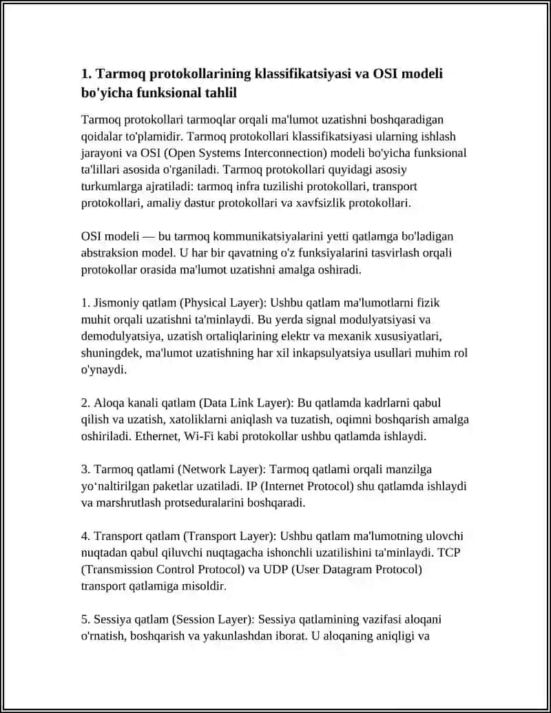 TARMOQ PROTOKOLLARI VA ULARNING FUNKSIONAL TAHLILI, MA’LUMOTLAR UZATISHDA SIGNAL MODULYATSIYASI VA XATOLIKLARNI TUZATISH ALGORITMLARI 4