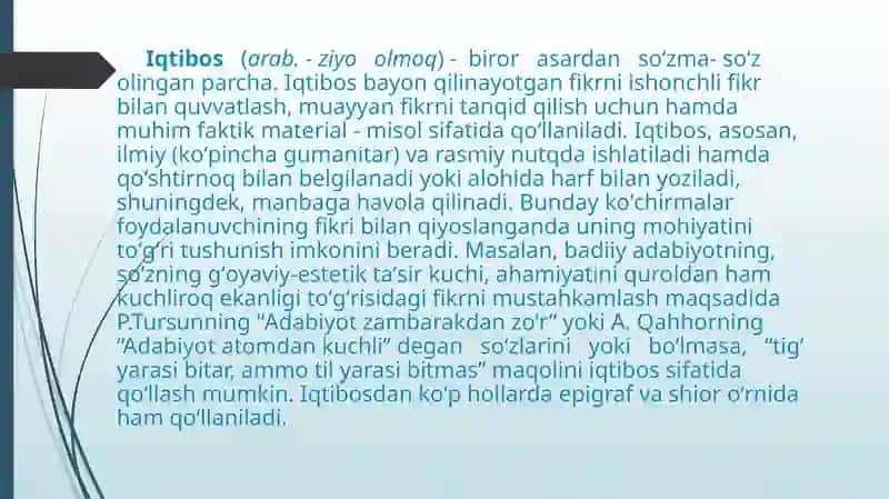 Ilmiy matnda dalillar, obyektlar, jarayonlar va xulosalarning berilishi. Ilmiy tadqiqot matnini yaratish. Mavzuni tanlash. Iqtibos keltirish. Parafraza. 4