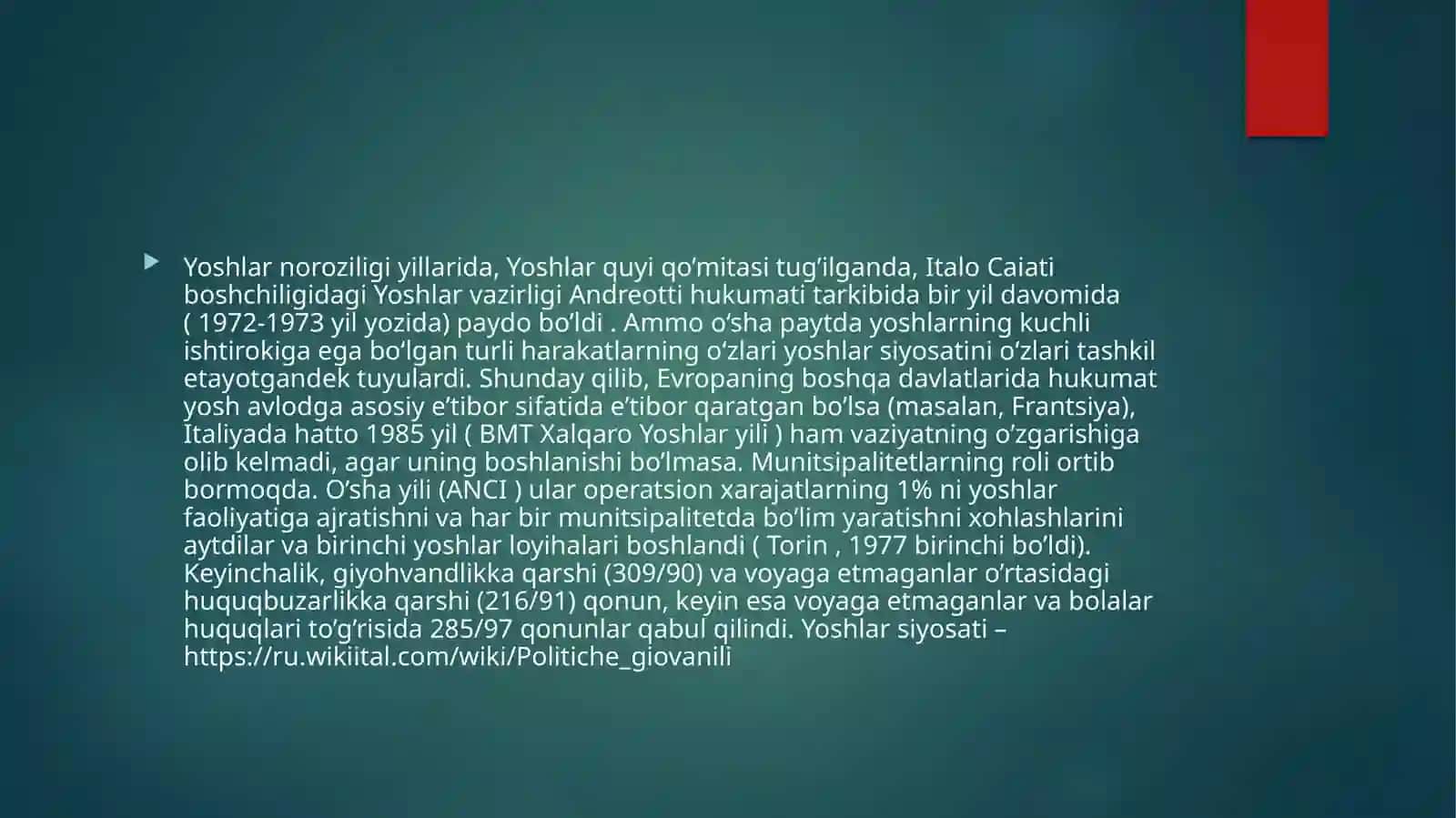Italiyada yoshlarga oid davlat siyosati. 4