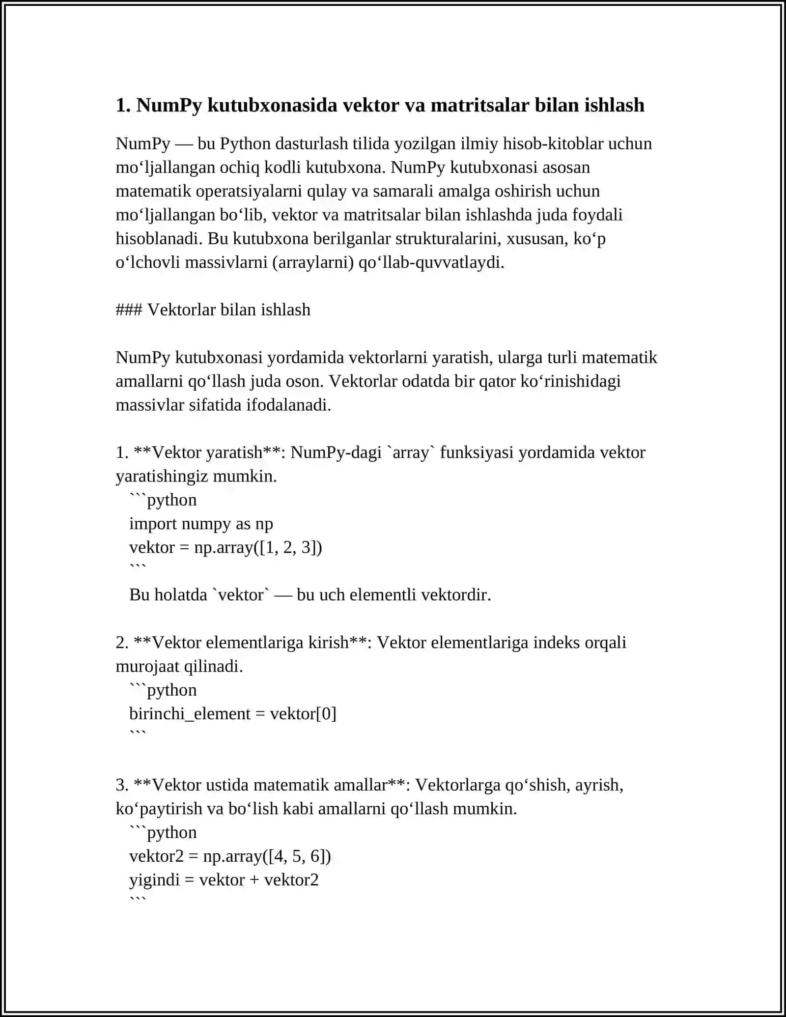 PYTHON/MATLAB DASTURIY VASITASINING SUN'IY INTELLEKDA QOʻLLANILADIGAN KUTIB HONALARI (NUMPY,SCIPY,KERAS,PANDAS,TENSORFLOW) 4