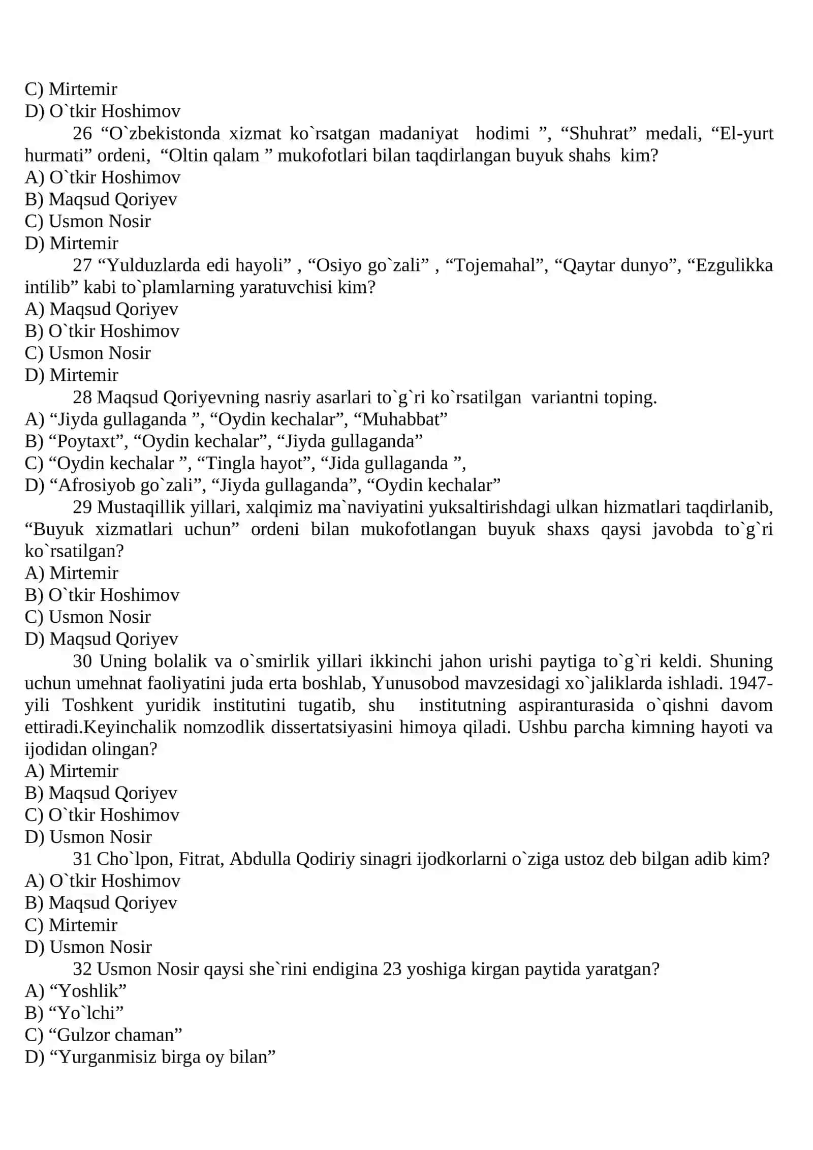 Adabiyot fanidan testlar 4