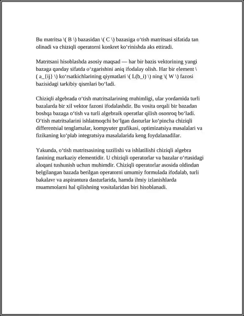 CHIZIQLI OPERATORLARNING O'TISH MATRITSASI 4