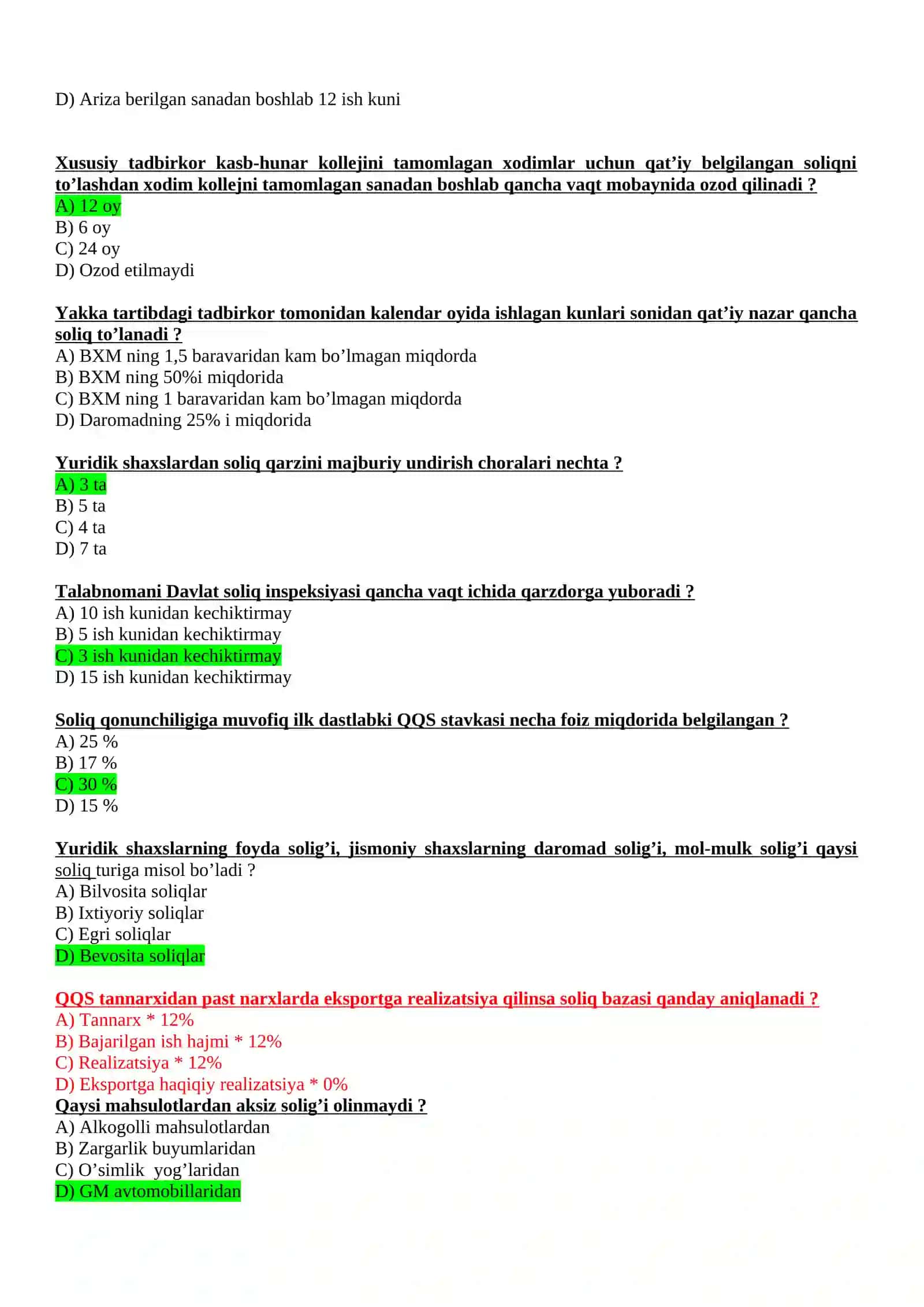 SOLIQLAR VA SOLIQQA TORTISH FANIDAN TESTLAR TO`PLAMI 4