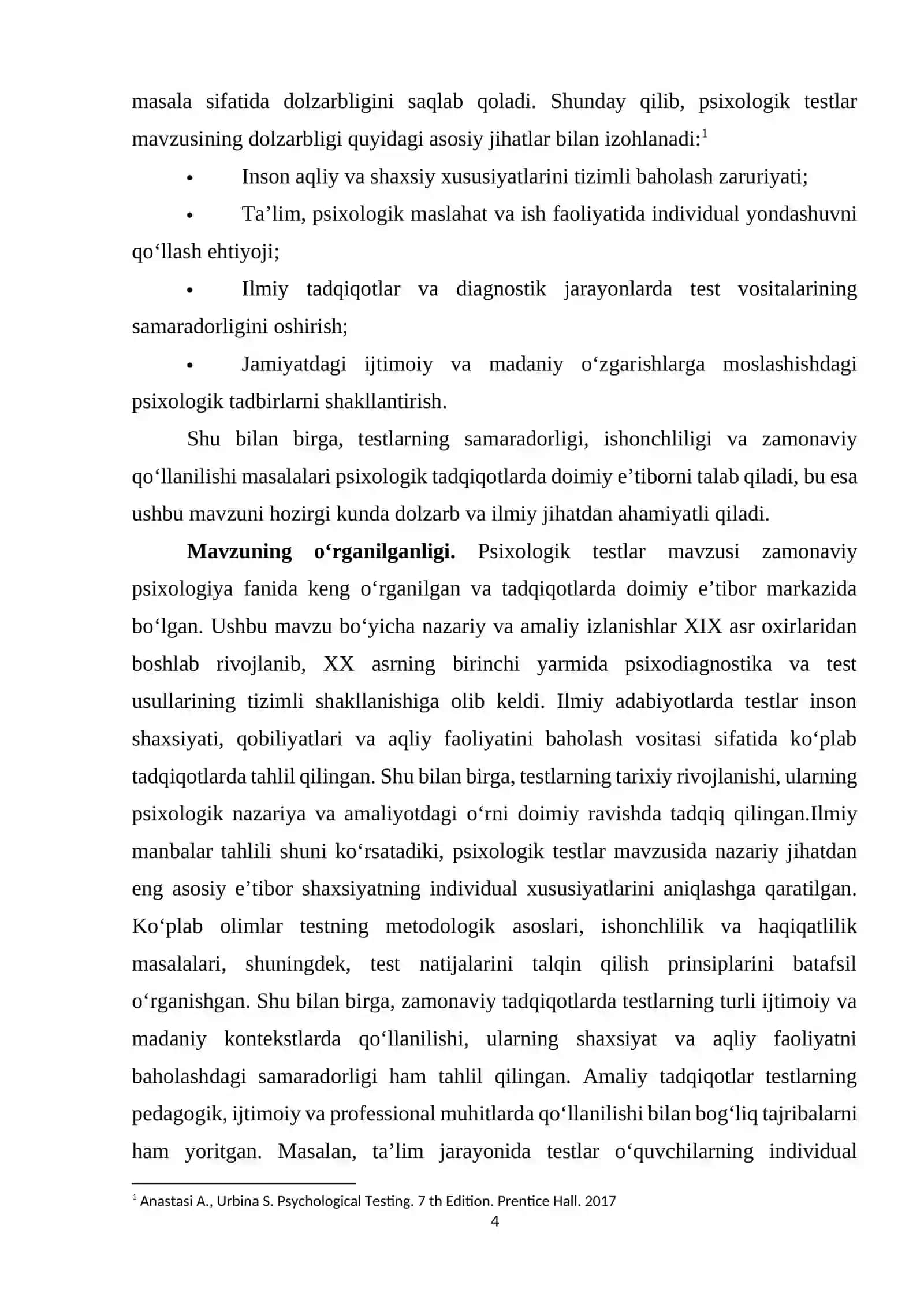 Hozirgi zamon psixologiyasida testning dolzarb muammolari mavzusidai tayyor kurs ishi 4