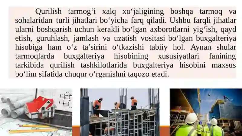 QURILISH TASHKILOTLARIDA BUXGALTERIYA HISOBINI TASHKIL QILISH 4