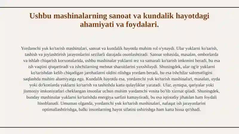 Yordamchi yuk ko'tarish mashinalari. 4