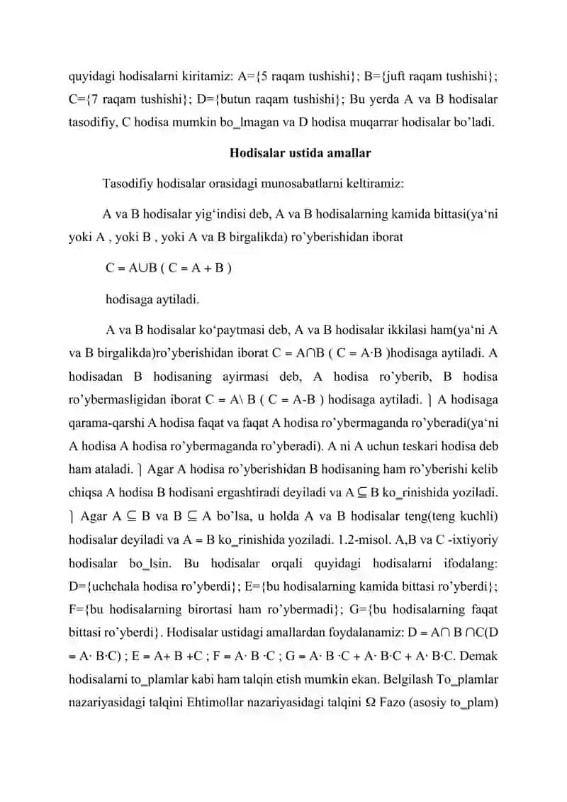 Ehtimollar Nazariyasi. Tasodifiy hodisalar, ularning klassifikatsiyasi 4