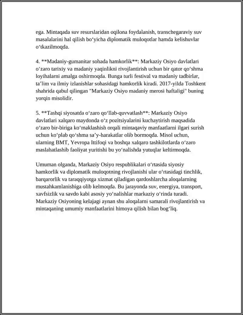 MARKAZIY OSIYO RESPUBLIKALARI OʻRTASIDA QARDOSHLARCHA HAMKORLIK ALOQALARI 4