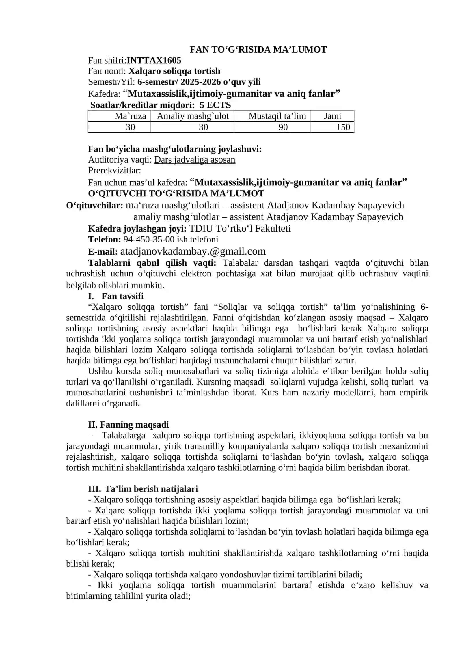 Xalqaro soliqqa tortish fanining o'quv dasturi (sillabus) 4