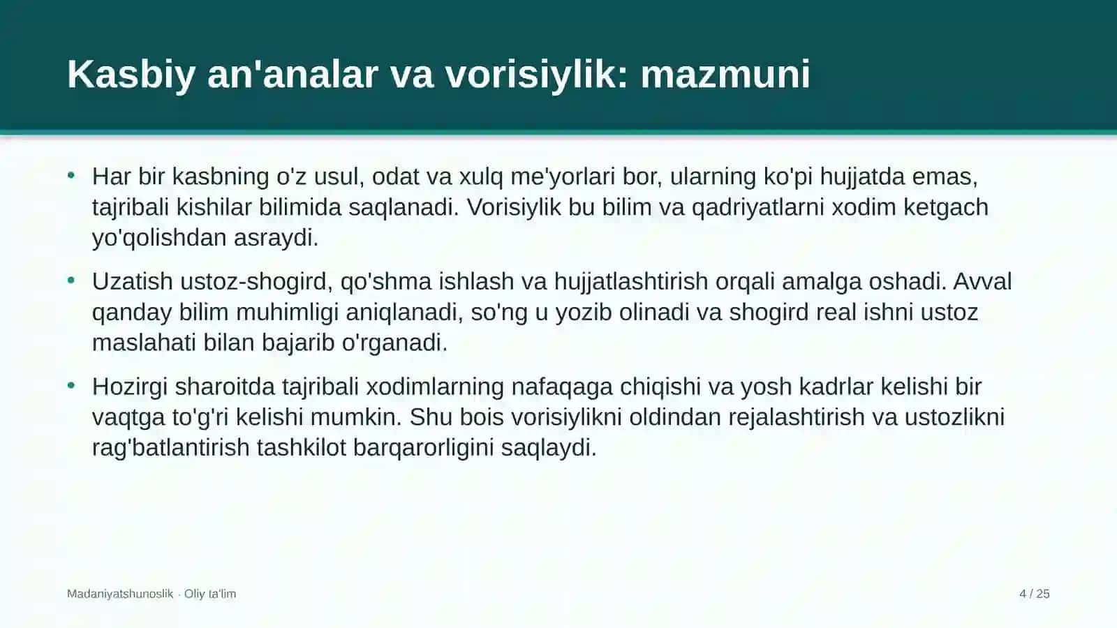 Ekskursiya byurolarida kasbiy an'analar va vorisiylik 4