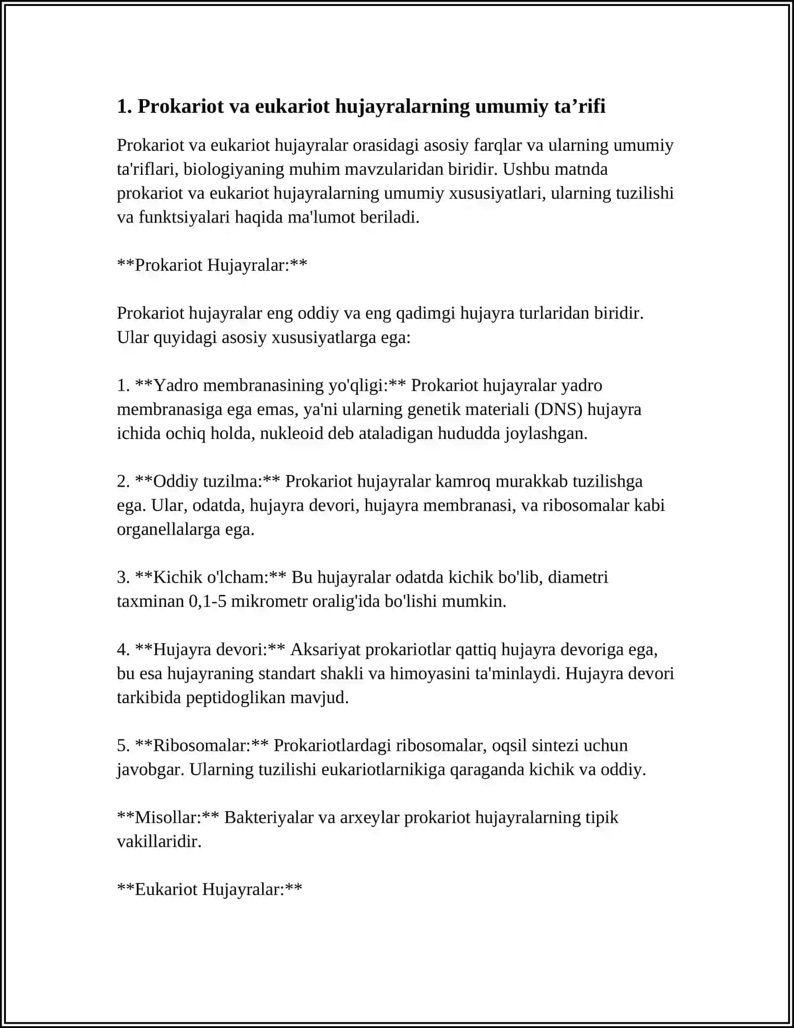 PROKARIOT VA EUKARIOT HUJAYRALARNING UMUMIY TUZILISHI. HUJAYRANI ASOSI TARKIBIY QISIMLARI 4