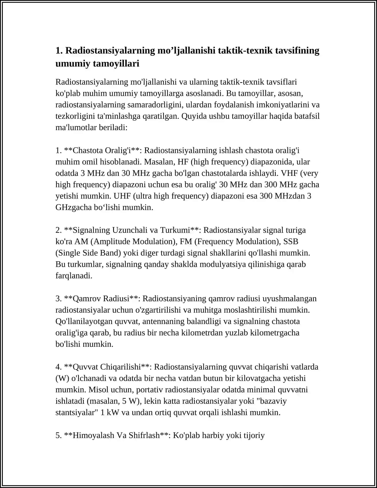 RADIOSTANSIYALARNING MOʼLJALLANISHI TAKTIK TEXNIK TAVSIFI 4