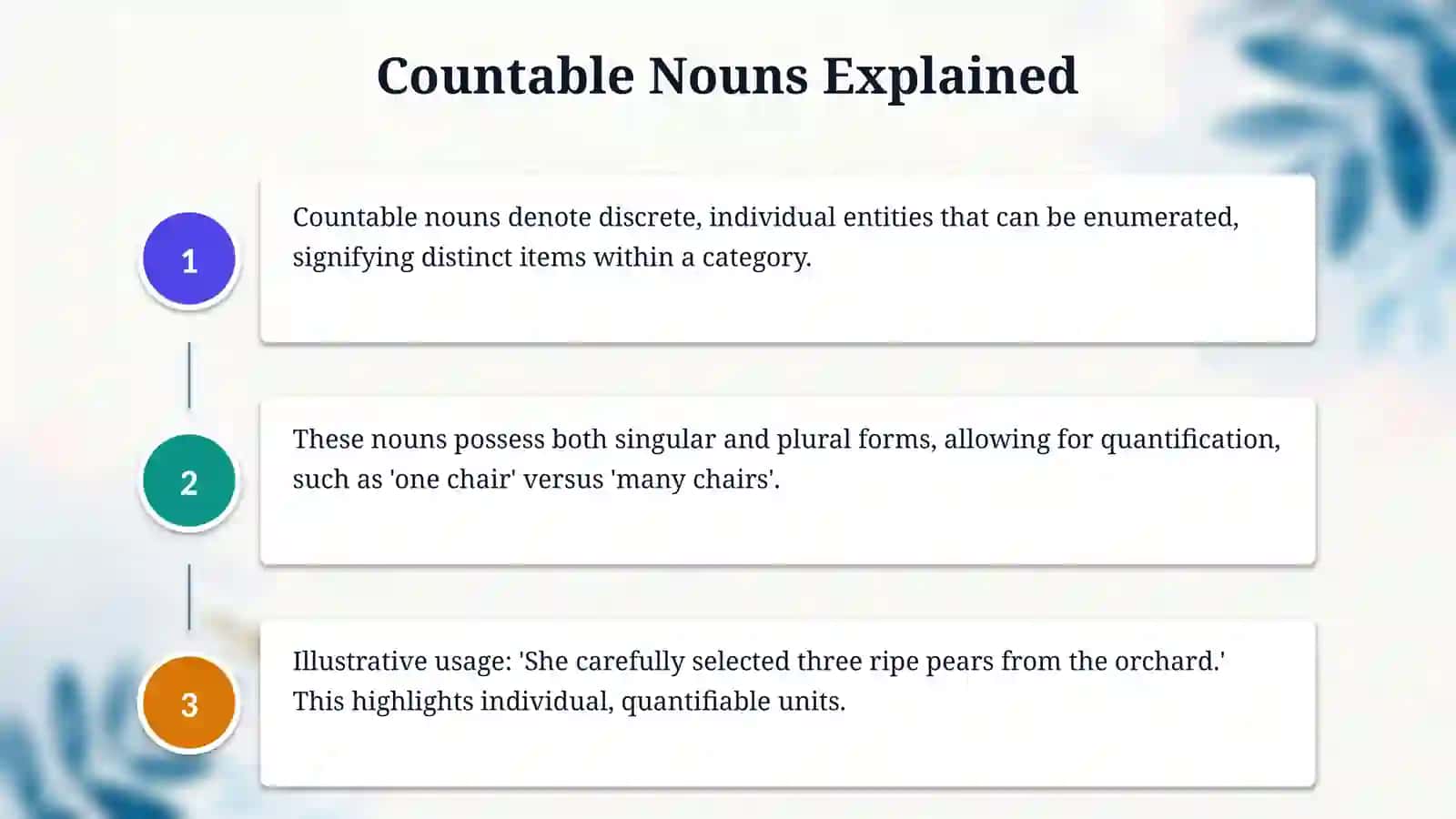 Sanaladigan va sanalmaydigan otlar (Countable / Uncountable nouns) hamda artikllar (a, an, the) ishlatilishi 4