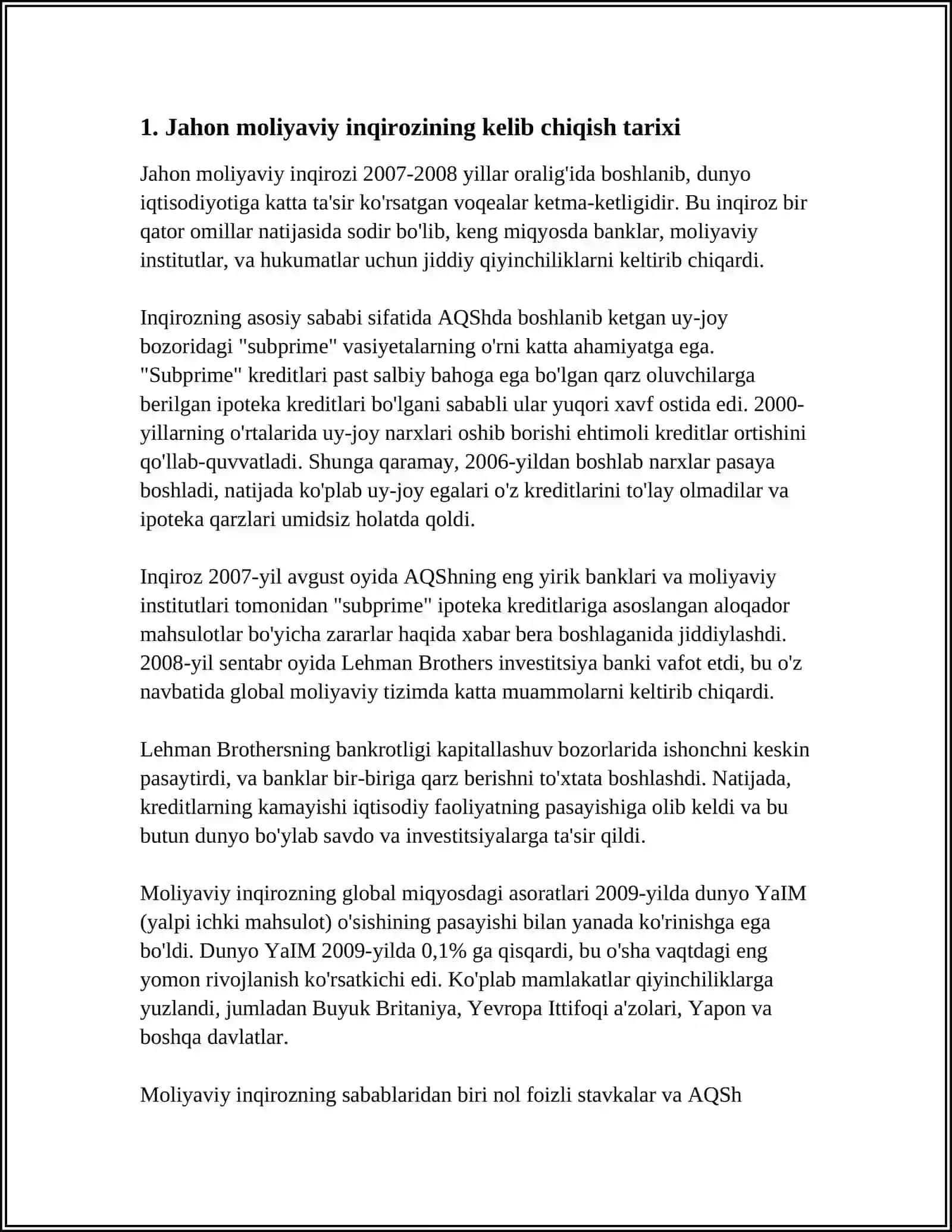 JAHON MOLIYAVIY INQIROZNING YUZAGA KELISHI SABABLARI,OQIBATLARI VA UNI O'ZBEKISTONDA BARTARAF ETISH YO‘LLARI 4