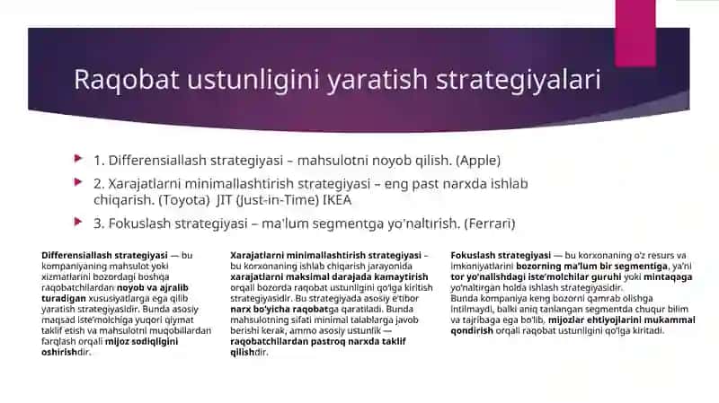 Raqobat ustunligini yaratish va boshqarish strategiyalari 4