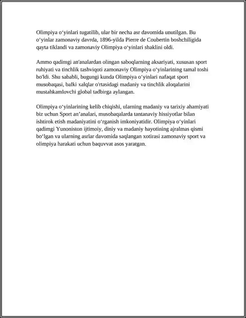 OLIMPIYA OʻYINLARI PAYDO BOʻLISHI OLIMPIYA AN'ANALARI 4