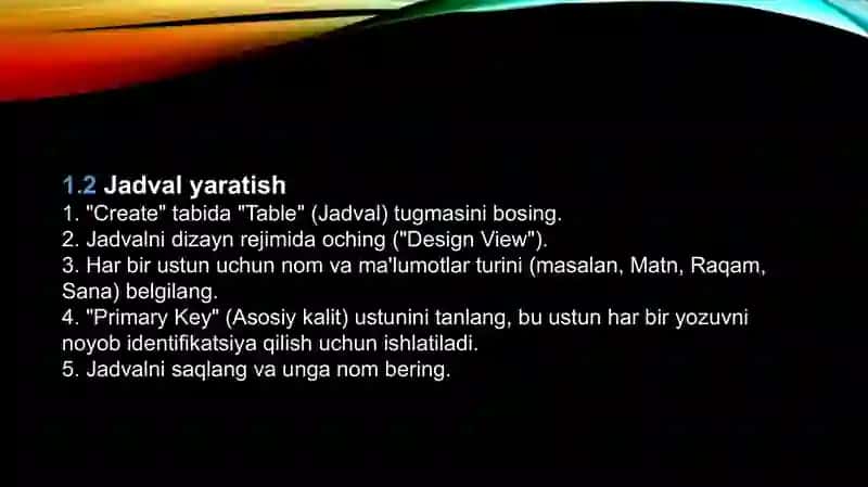 MS Access da ma’lumotlar jadvallarini ishlab chiqish va bog’lash 4