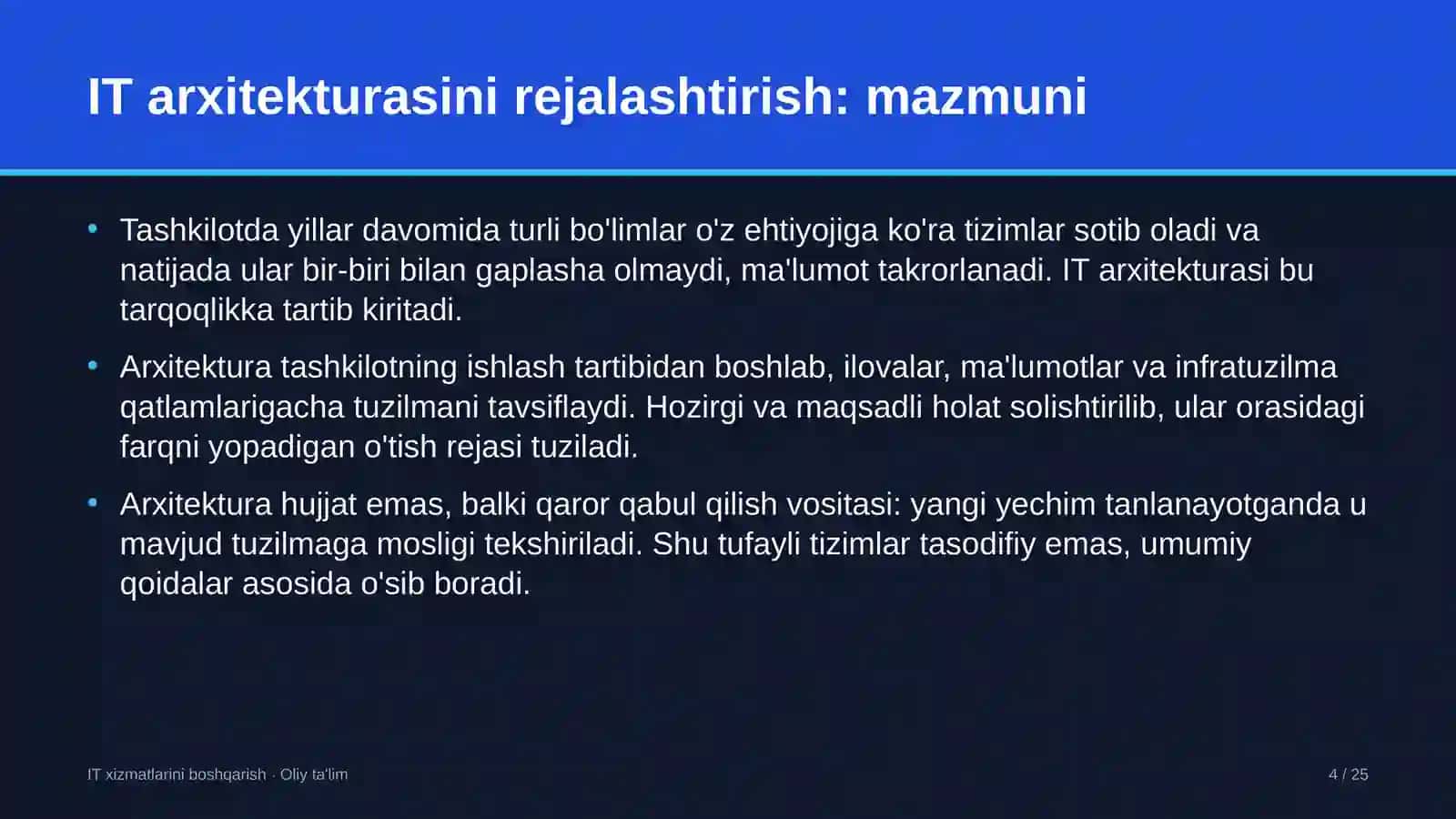 IT xizmatlarini boshqarish · Oliy ta’lim 4