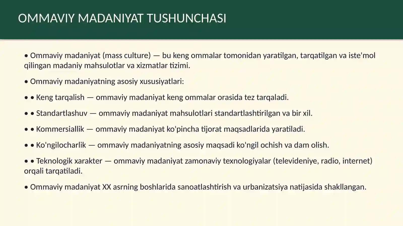 Ommaviy madaniyatning shakllanish tarixi va ularning turlari 4