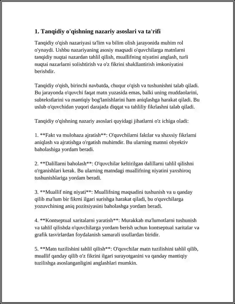 TANQIDIY O'QISH VA ESLATMALAR BILAN ISHLASH REFERAT 4