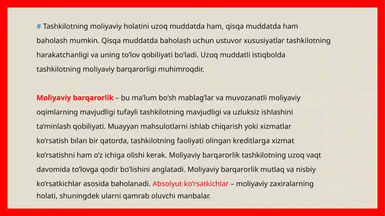 Moliyaviy barqarorlik. Moliyaviy ko’rsatkichlar 4