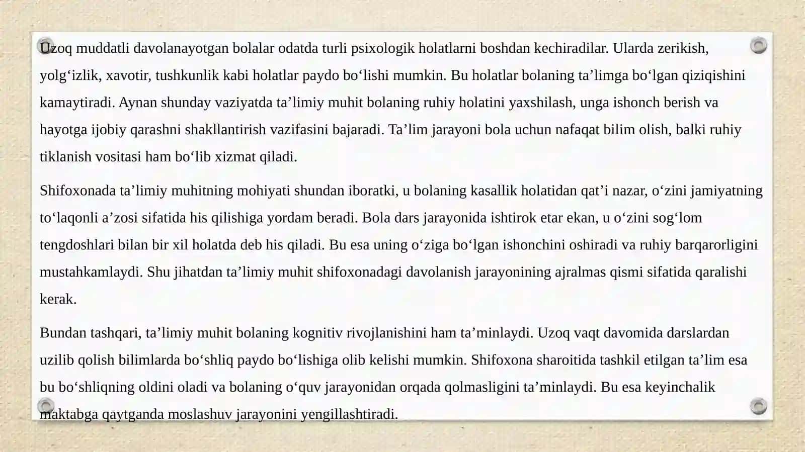 Shifoxonada Uzoq muddatli Davolanayotgan Bolalar Uchun Ta'limiy Muhit 4
