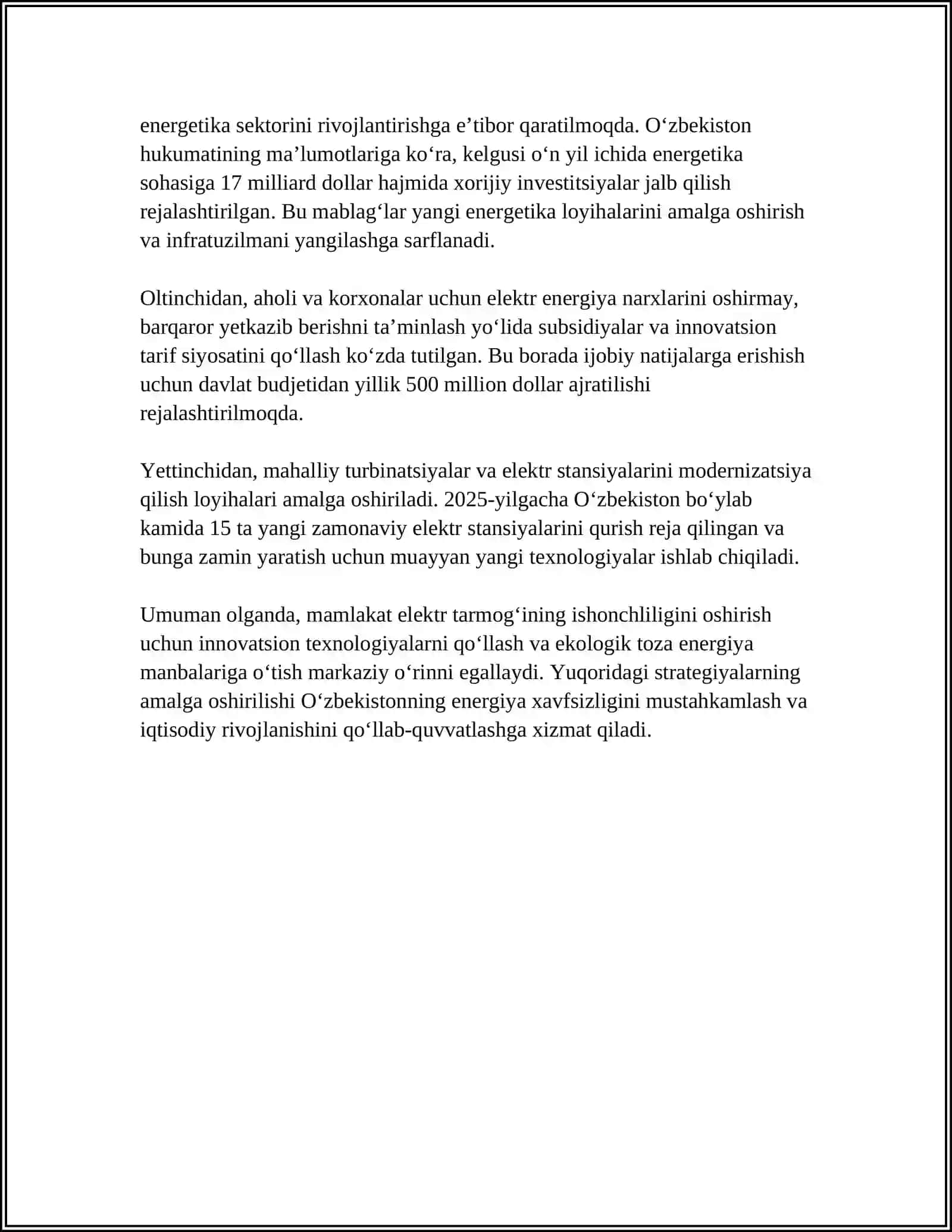 OʻZBEKISTON ELEKTR ENERGETIKA SOHASINING RIVOJLANISH ISTIQBOLLARI 4