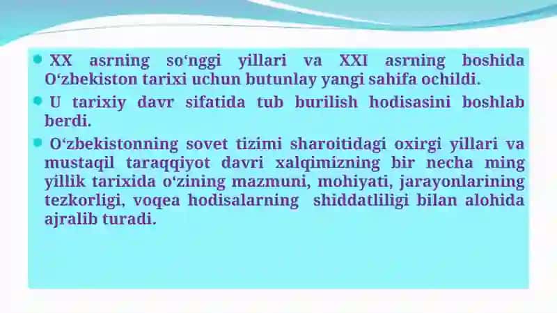 MODUL. О‘zbekiston mustaqillikka erishish ostonasida. 1-mavzu: Kirish 4