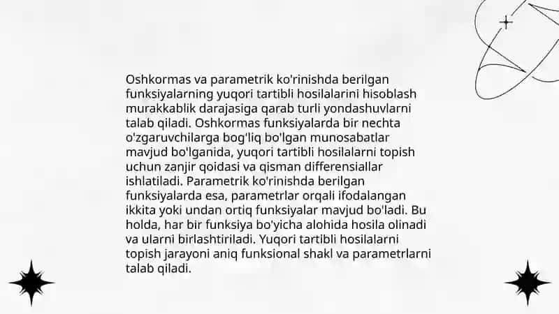 Oshkormas va parameteik koriniwda bolgan funksiyalarni yuqori tartibli hosilalari 4