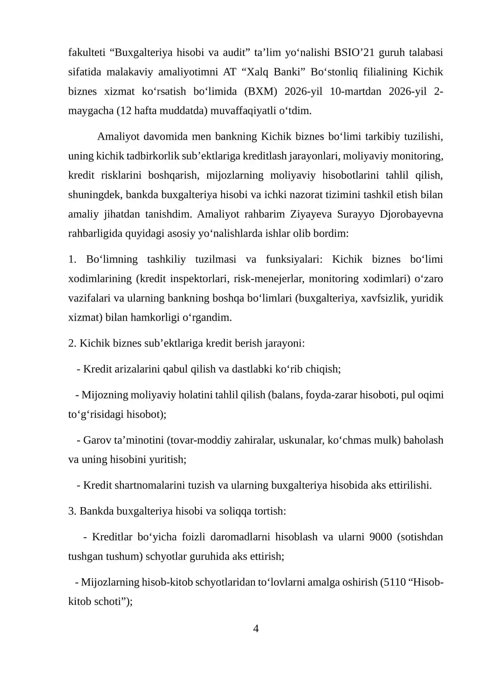 XALQ BANKI BOʻYICHA AMALIYOT HISOBOTI. 4