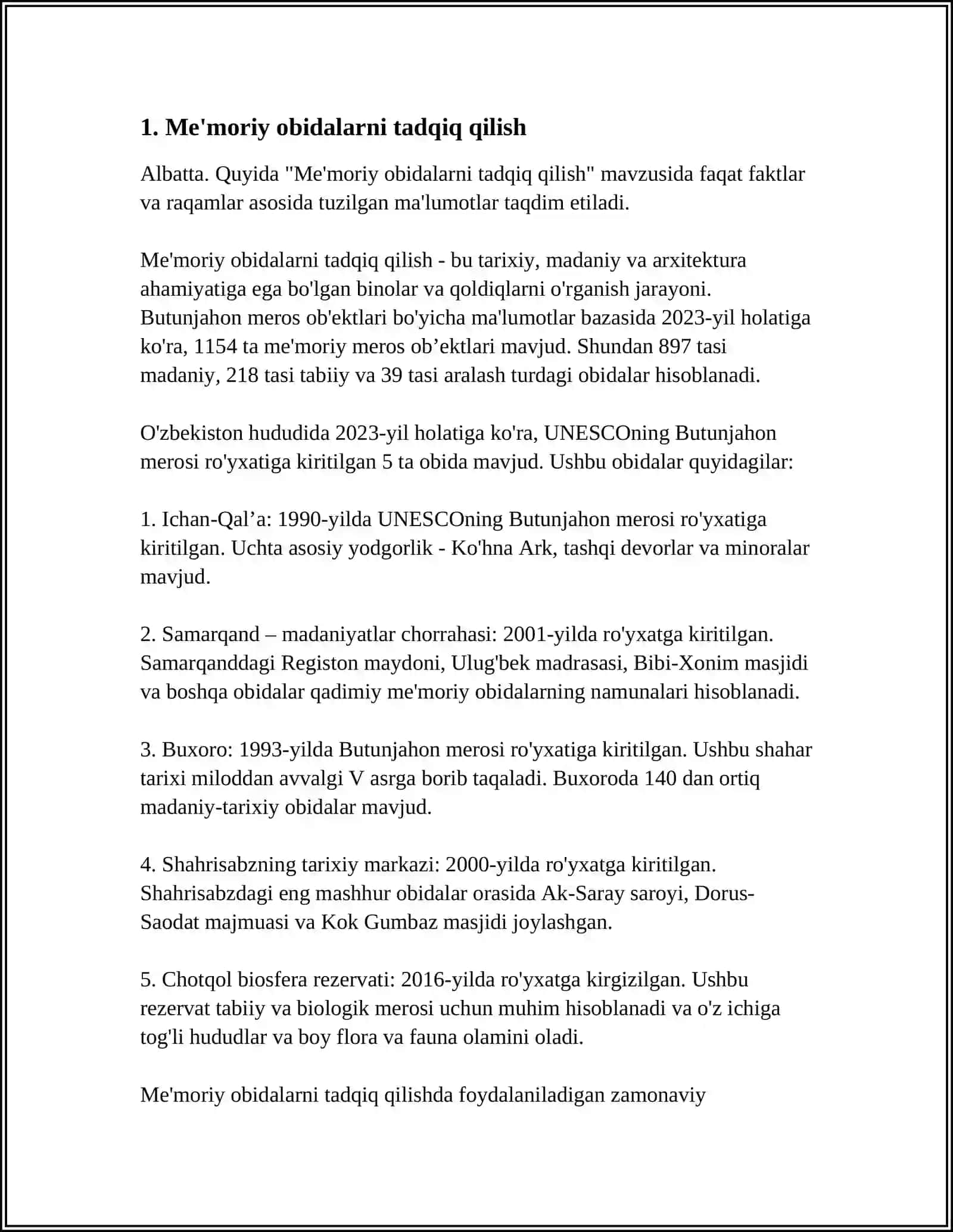 MEʼMORIY OBIDALAR QAYTA TIKLASH YOʻLISHI 1-BOSQICH TALABASI 4