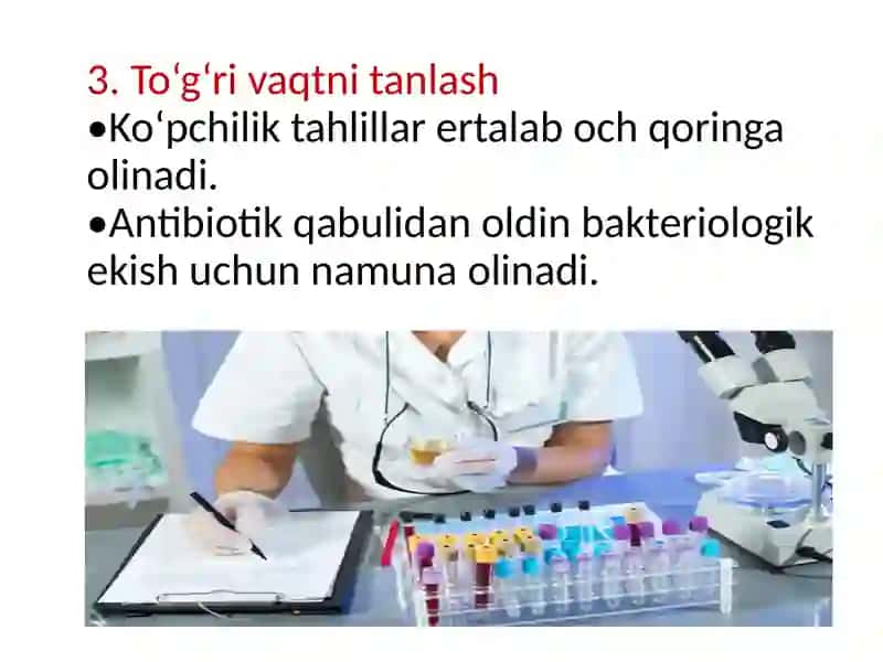 Bemordan namuna olish texnikasi va uni laboratoriyaga yuborish qoidalari. 4