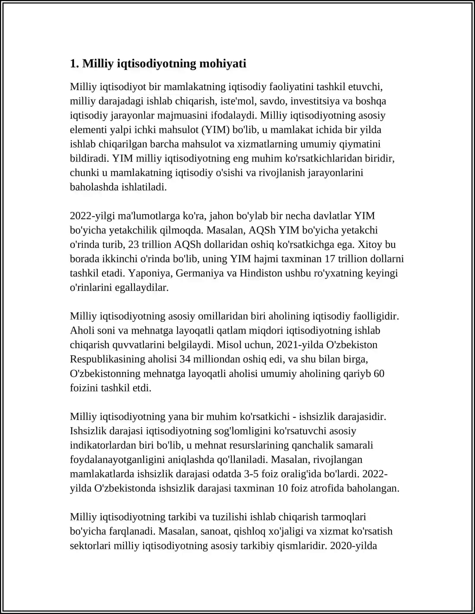 MILLIY IQTISODIYOT VA UNING MAKROIQTISODIY KO'RSATKICHLARI. ISTEMOL, JAMGARMA, VA INVESTITSIYALAR. IQTISODIY O'SISH VA MILLIY BOYLIK 4