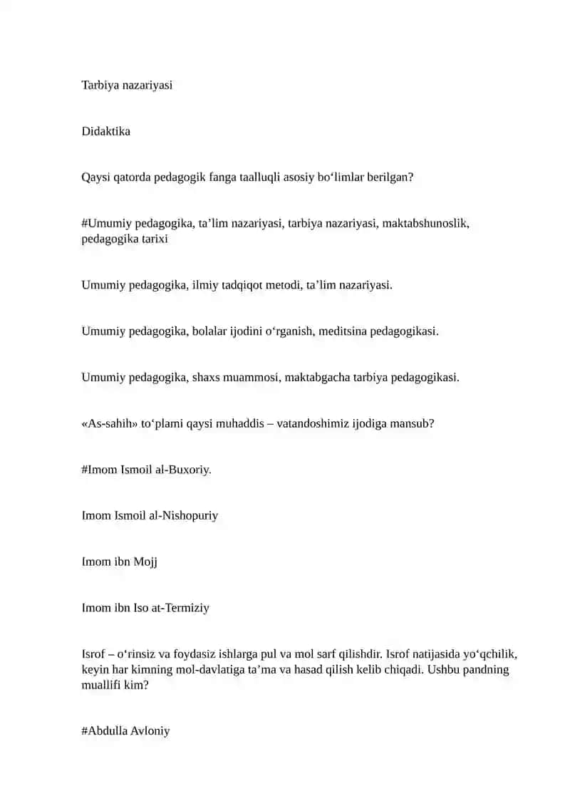 Pedagogika va nazariyasi test savollar 4