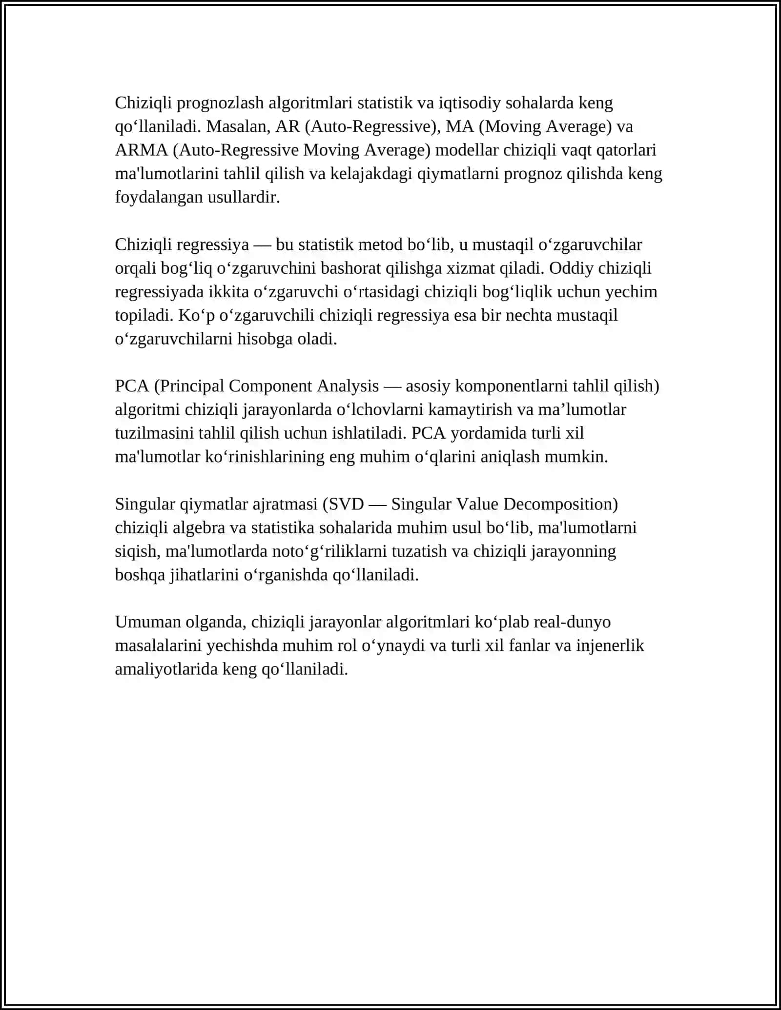CHIZIQLI JARAYONLAR UCHUN ALGORITMLAR TUZISH 4