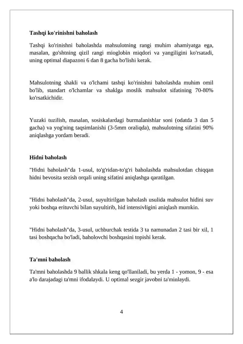 Qayta ishlangan chorva mahsulotlariga sensorik baho berish 4