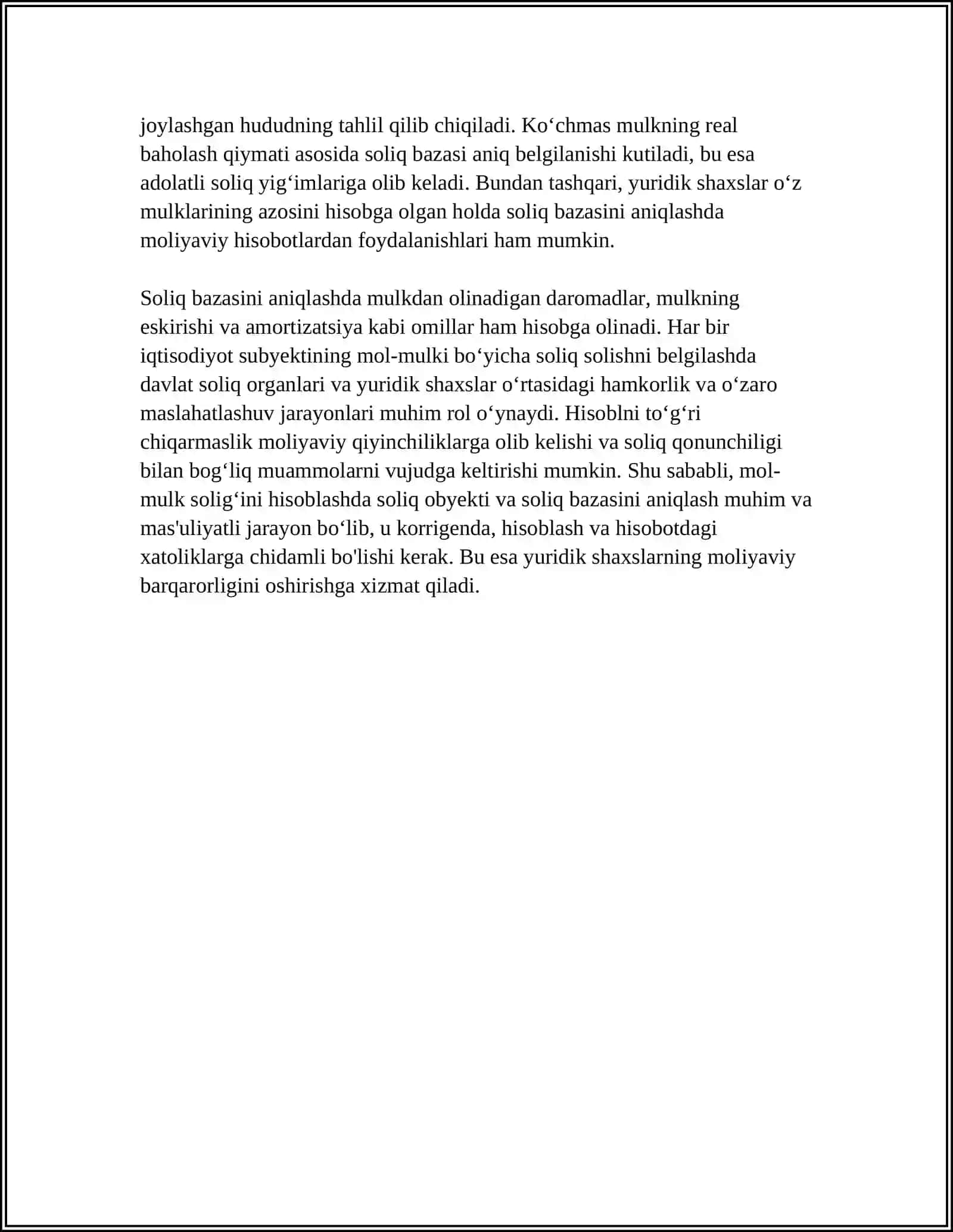 YURIDIK SHAXSLARNING MOL-MULKIGA SOLINADIGAN SOLIQNI HISOBLAB CHIQARISH, SOLIQ HISOBOTINI TAQDIM ETISH VA SOLIQNI TOʻLASH TARTIBI 4