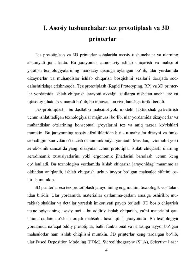 LOYIXALASH JARAYONIDA TEZ PROTOTIPLASH (RP&M).         3D PRINTERLAR 4
