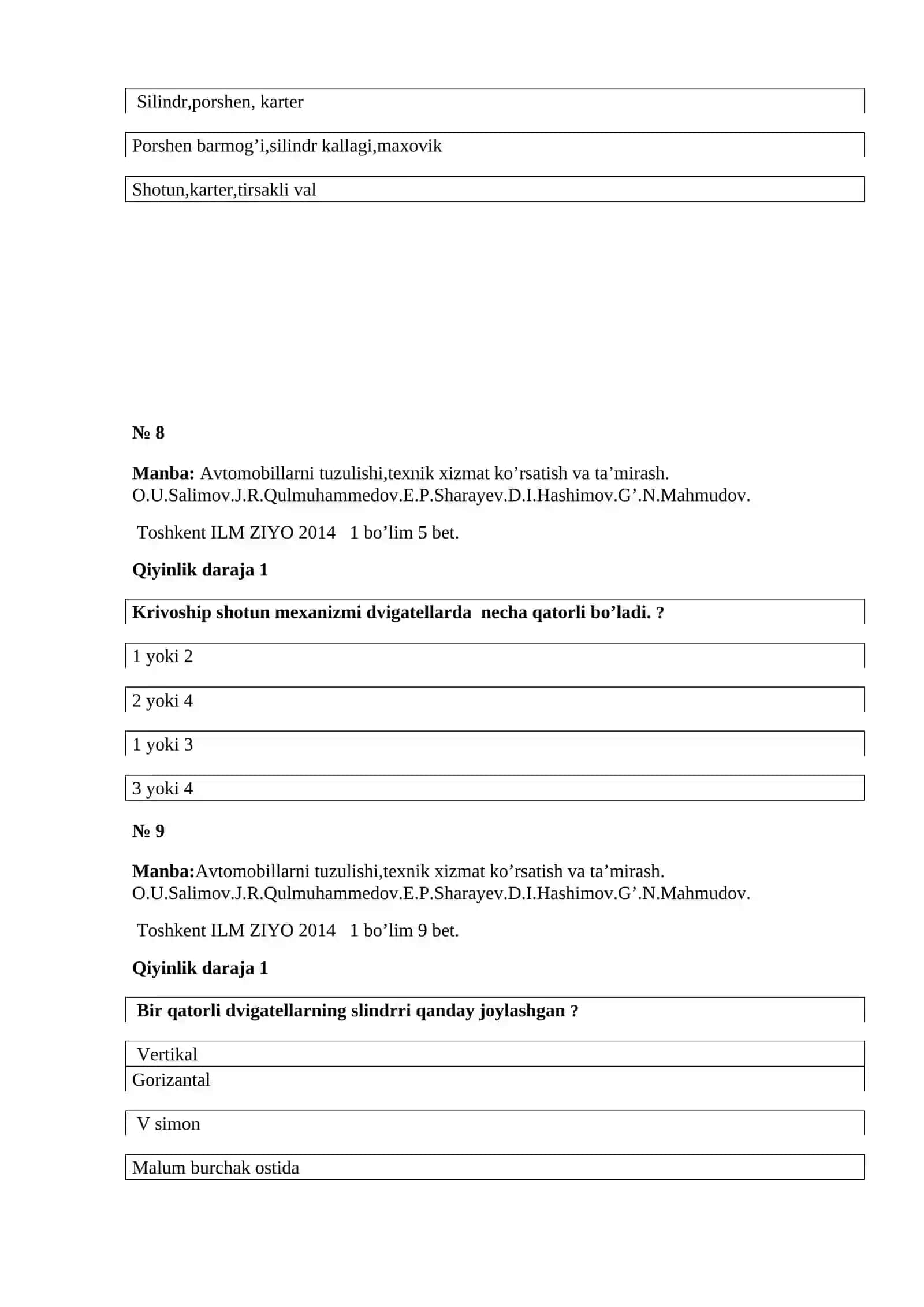 Avtomobillarni ta’mirlash chilangari fanidan testlar 4