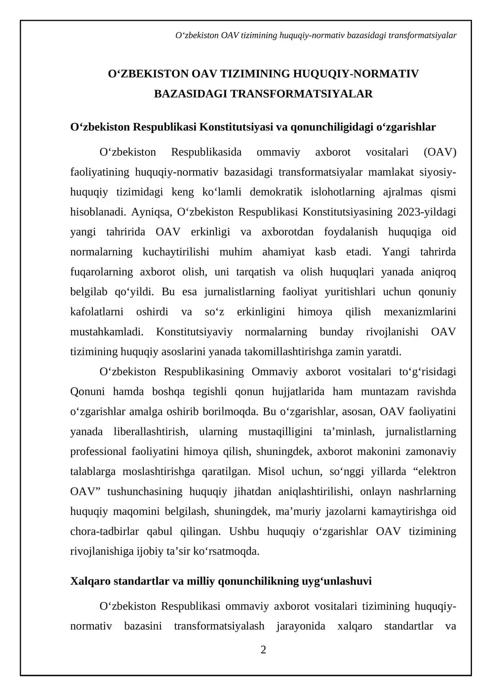 O‘zbekiston Respublikasida ommaviy axborot vositalarining faoliyati (o‘zgarish va muammolar) 4