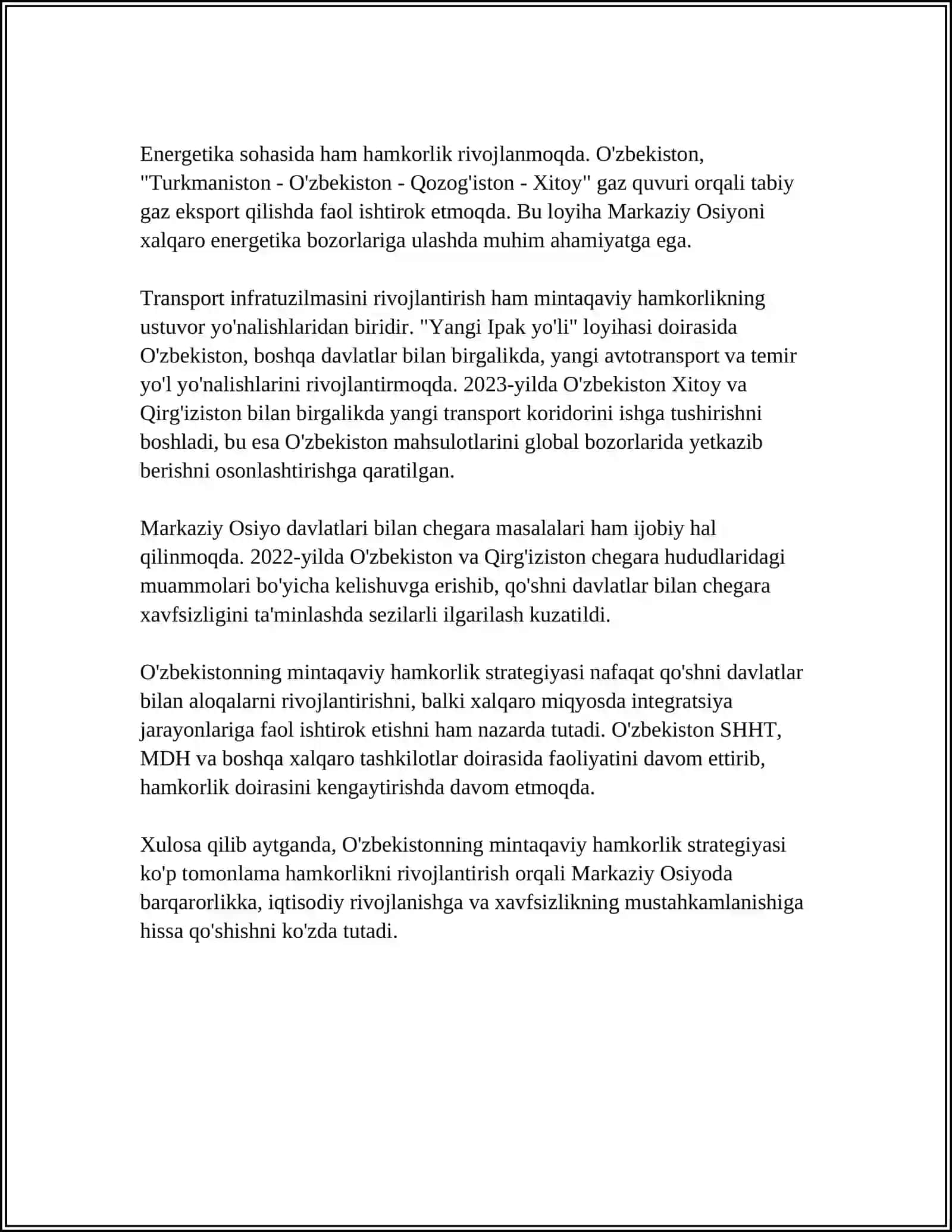 O'ZBEKISTONNIN MARKAZIY OSIYODA TINCHLIK VA BARQARORLIKNI TAMINLASHDAGI O'RNI 4