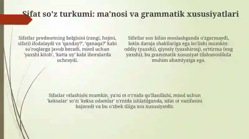 O'zbek adabiyoti nomayondalari.Sifat so'z turkumi 4