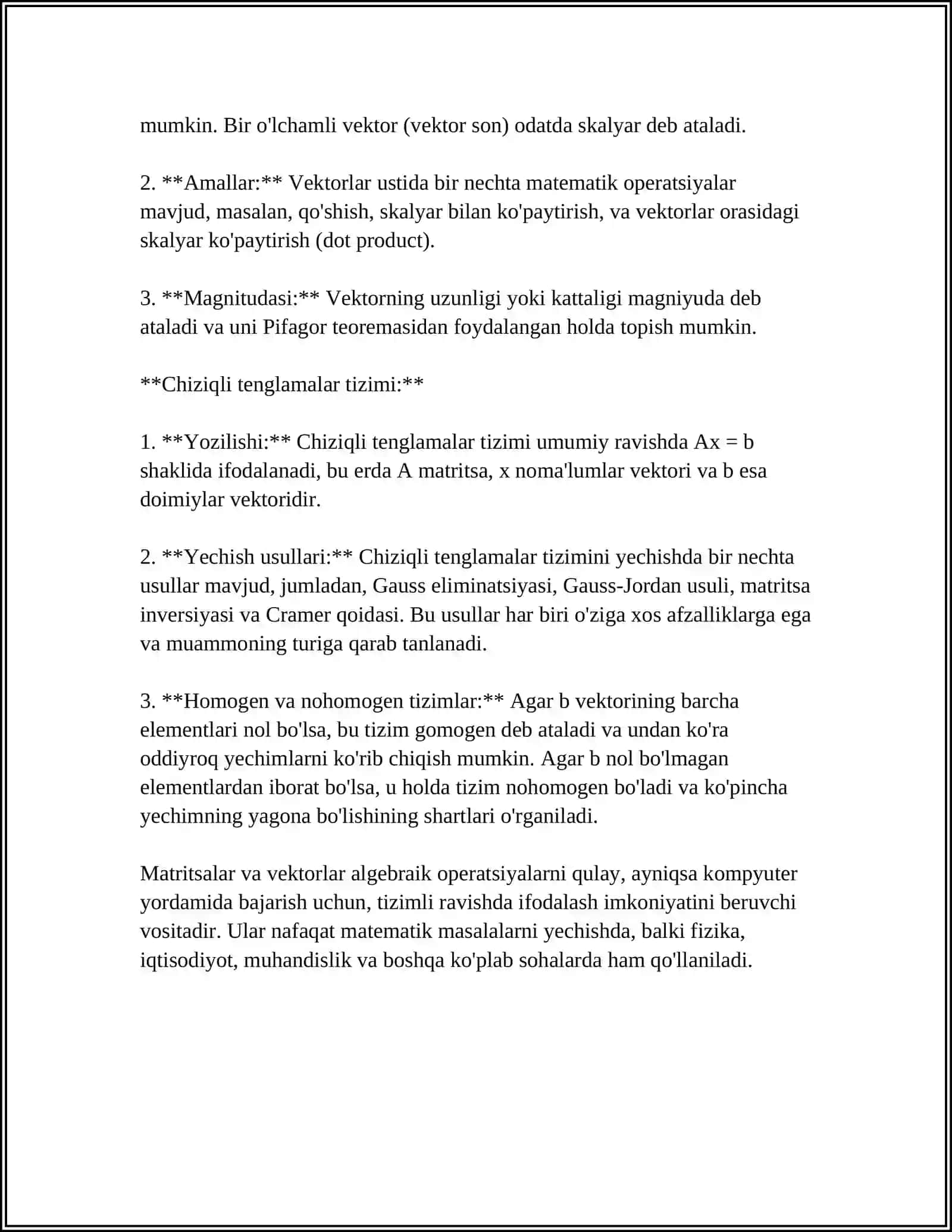 CHIZIQLI TENGLAMALAR SISTEMASINI MATRISSA USULIDA YECHISH 4