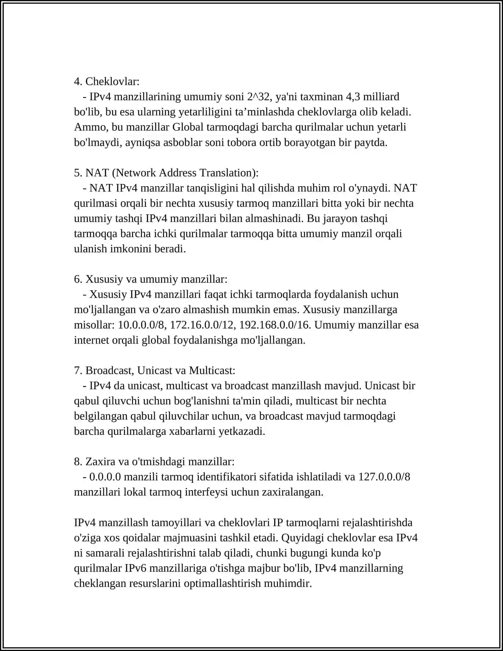 IPv4 manzillash va cheklovlari 4
