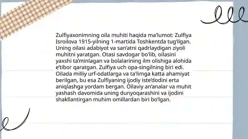 Zulfiyaxonim ijodi va hayoti haqida slayd 4