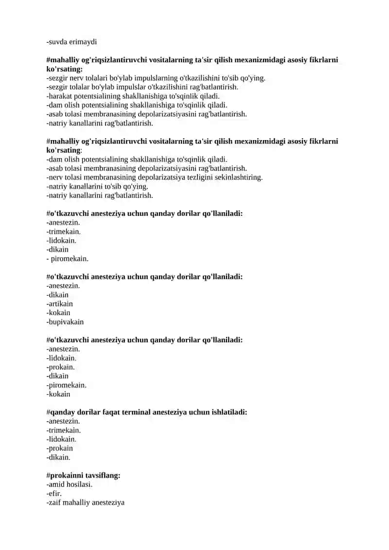 Mahalliy anestetiklar. Analgetiklar. test 4
